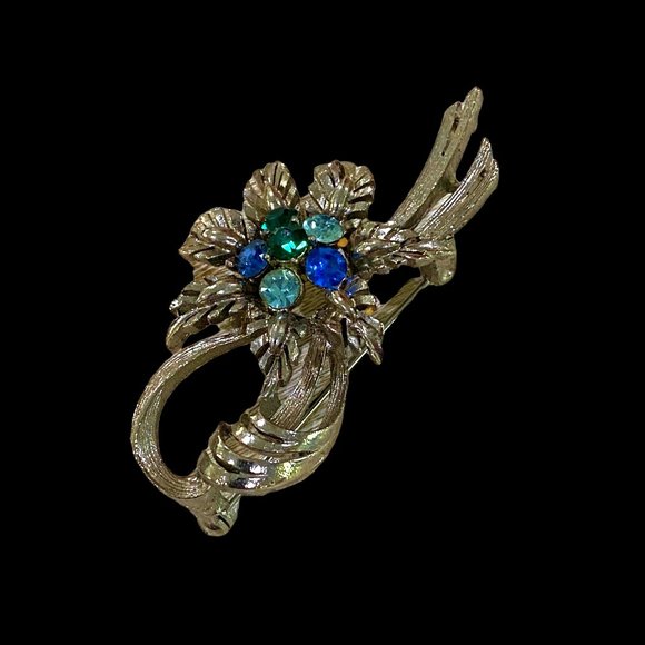 Vintage Rhinestone Brooch Bow Flower Silver-tone 6 Blue & Green Stones 2 Inch - Picture 3 of 8